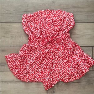 Red Floral Strapless Romper